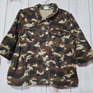 Camo Denim Jacket Button Up 3/4 Sleeve Jean Jacket Military Utility‎ Coat